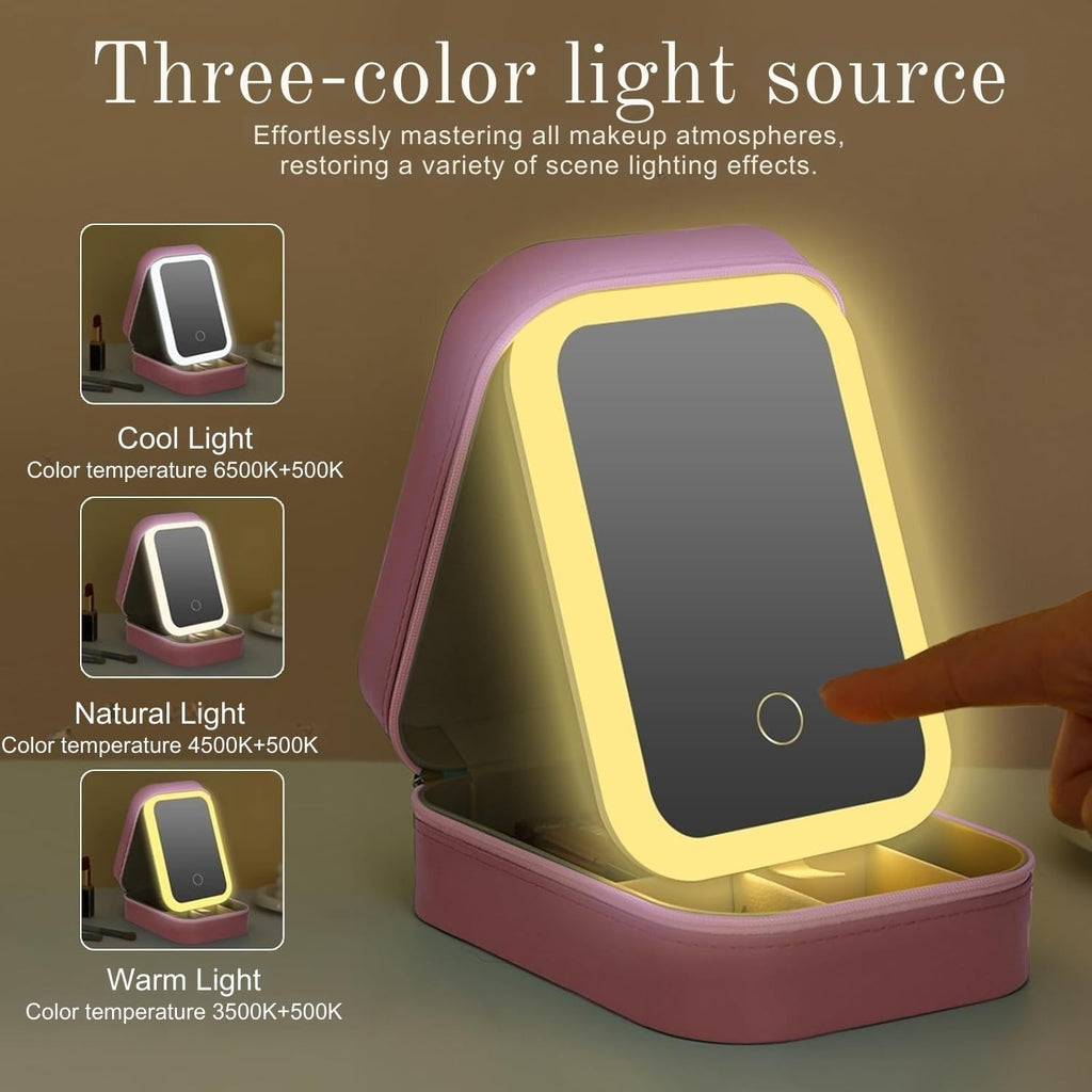 LED Makeup Box with Adjustable Light-Up Mirror, 3 Color Light Settings