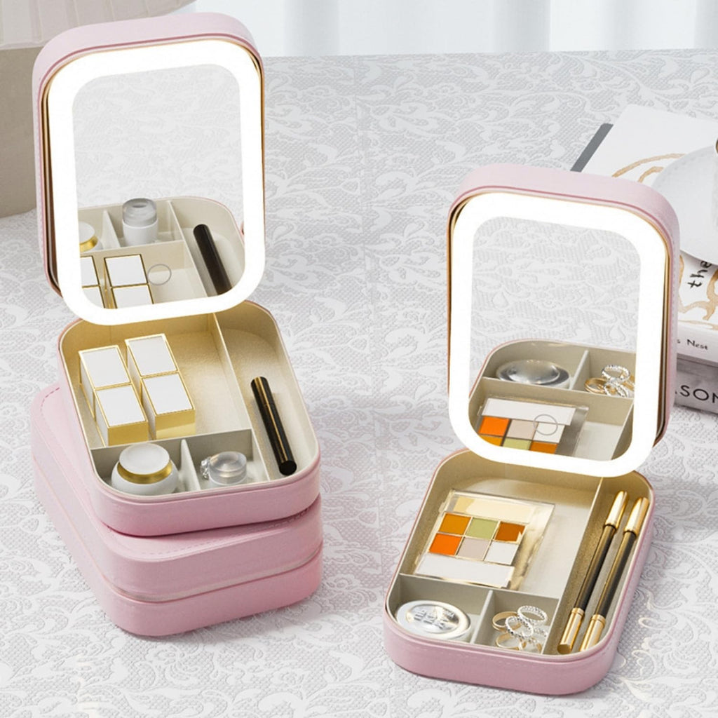 LED Makeup Box with Adjustable Light-Up Mirror, 3 Color Light Settings