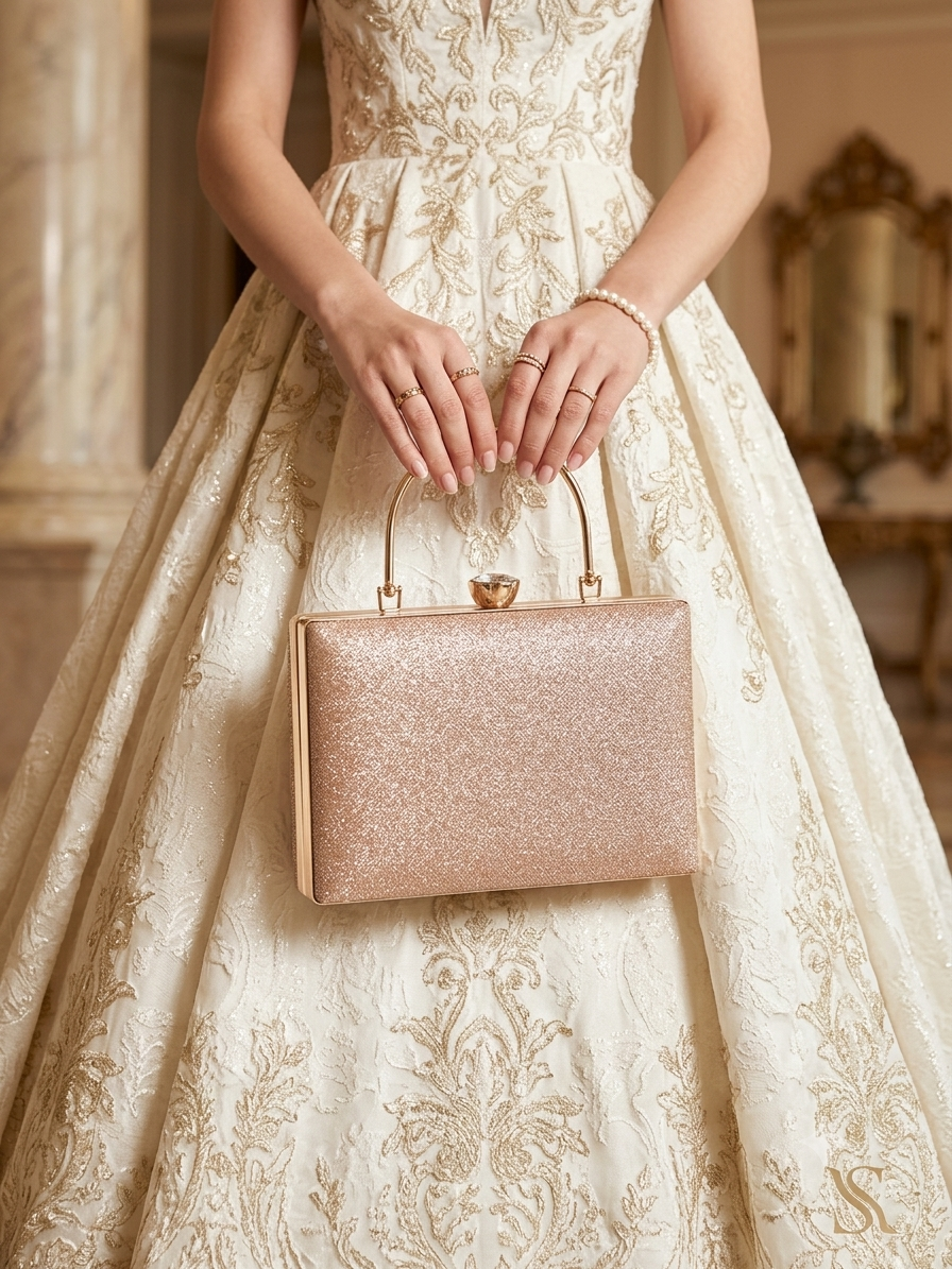 Champagne Gold Glitter Box Clutch.