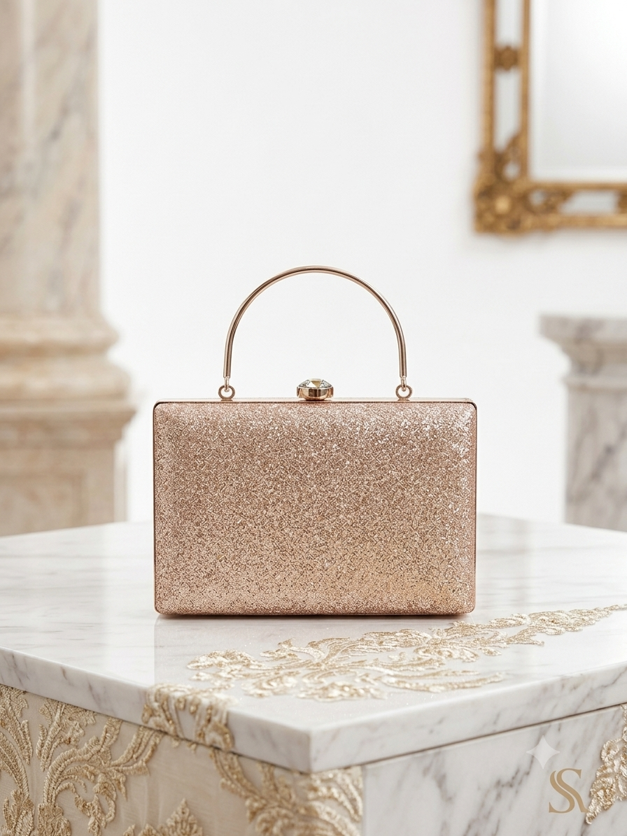 Champagne Gold Glitter Box Clutch.