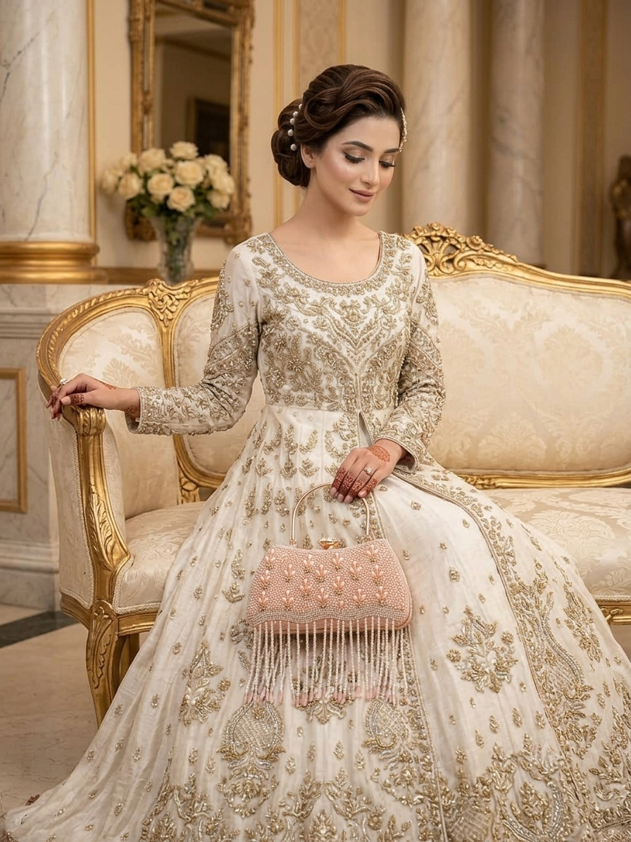Elegant Pearl-Embellished Evening Clutch with Beaded Fringe