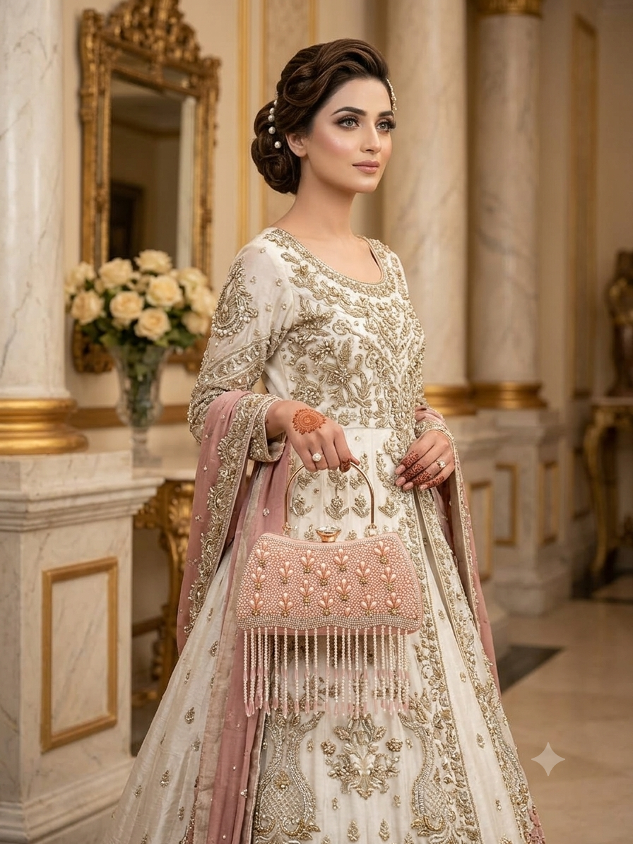 Elegant Pearl-Embellished Evening Clutch with Beaded Fringe