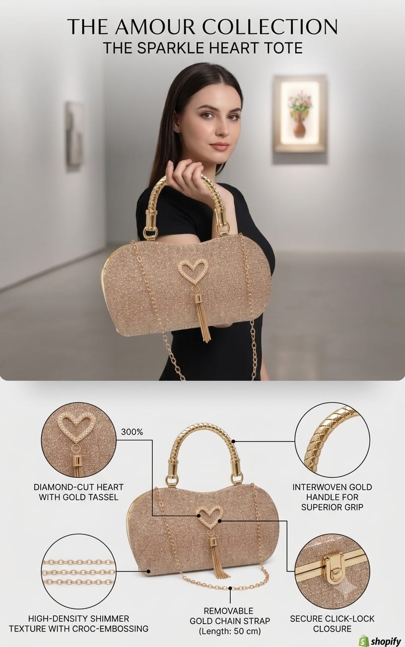 Gilded Glamour Evening Clutch – Sparkling Gold Metallic Handbag with Pearl Heart Charm & Tassel Accent